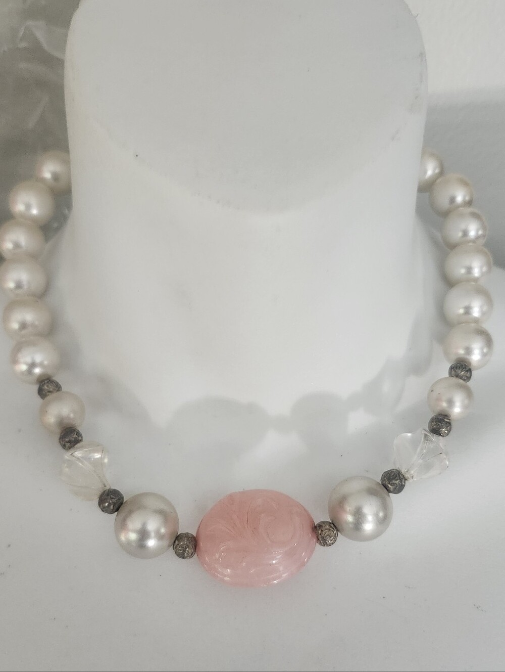 Faux Pearl and Pink Carved Centerpiece Necklace